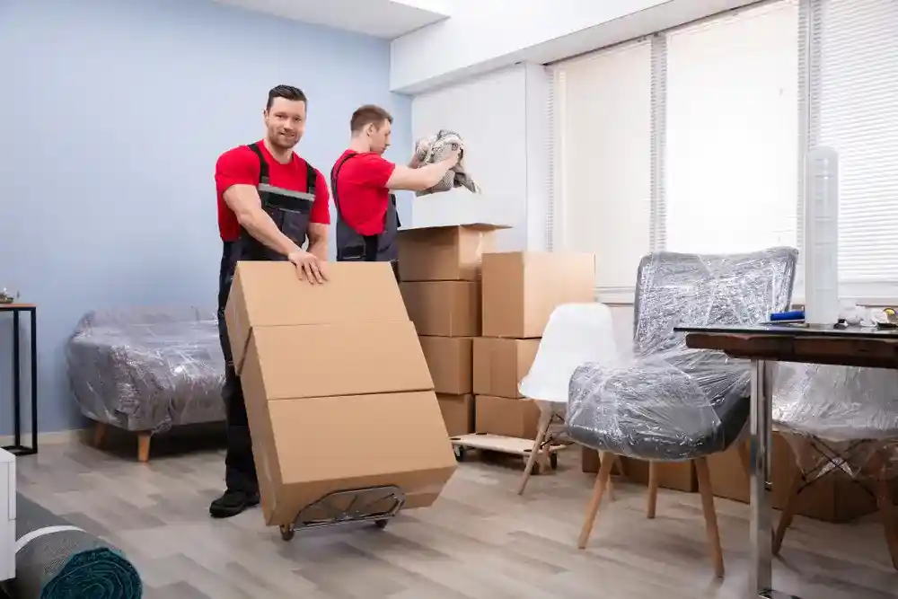 Professional movers carefully packing fragile items for secure transport.